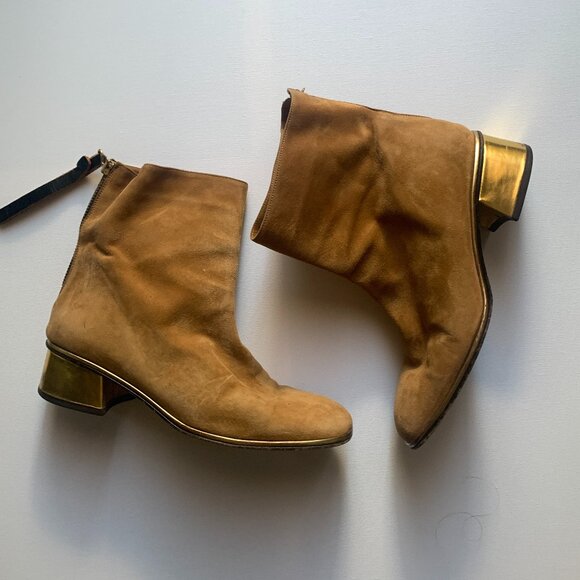Ankle Boots in Tan Suede with Sculptural Gold Heel - Picture 1 of 2